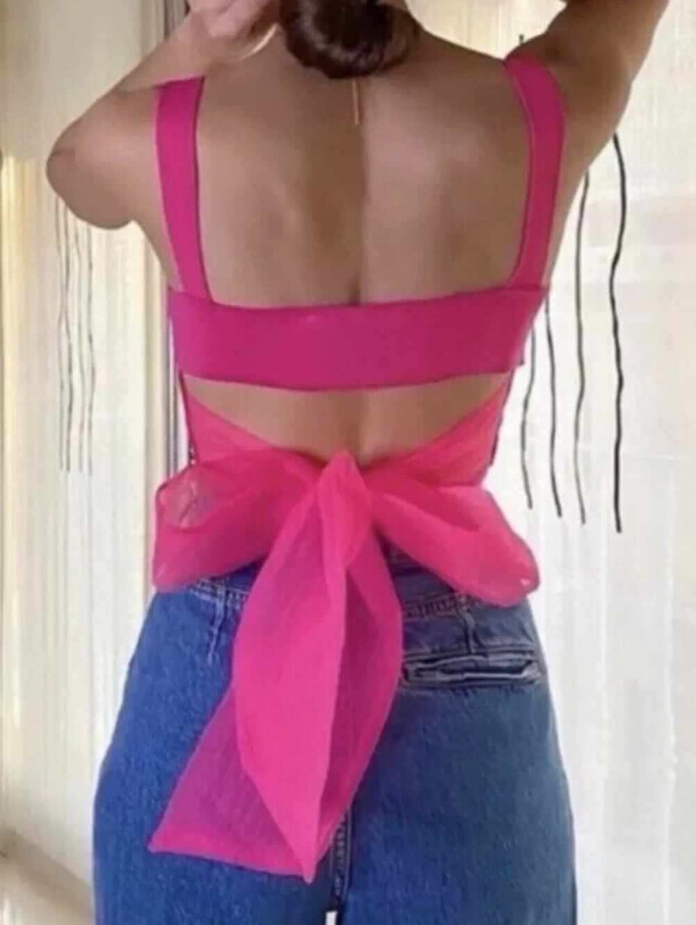 Barbie Pink Oversized Organza Bow Cutout Back Sweetheart Tank Crop Top